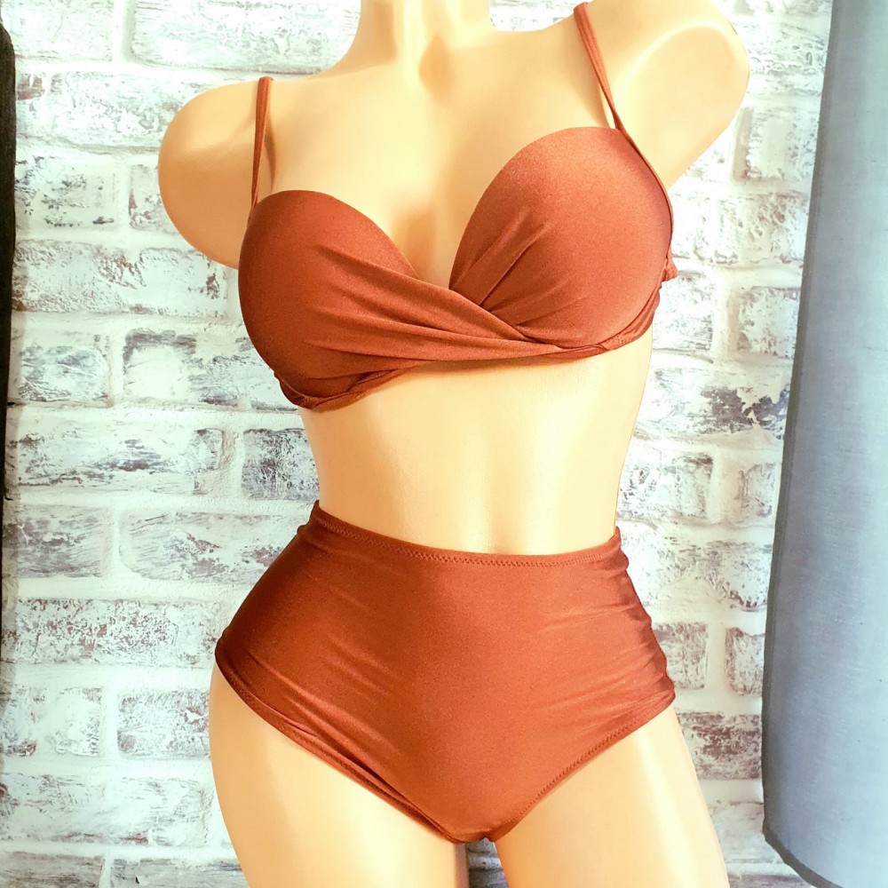 Costum de Baie maro din doua piese sutien push up slip cu talie inalta CBD014 Costum de Baie maro din doua piese sutien push up slip cu talie inalta CBD014