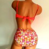 Costum de Baie din doua piese cu sutien rosu balconette cu push up bretele detasabile slip cu multicolor cu talie inalta CBD024 Costum de Baie din doua piese cu sutien rosu balconette cu push up bretele detasabile slip cu multicolor cu talie inalta CBD024