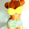Costum de Baie din doua piese cu sutien galben balconette cu push up bretele detasabile slip cu multicolor cu talie inalta CBD024 Costum de Baie din doua piese cu sutien galben balconette cu push up bretele detasabile slip cu multicolor cu talie inalta CBD024